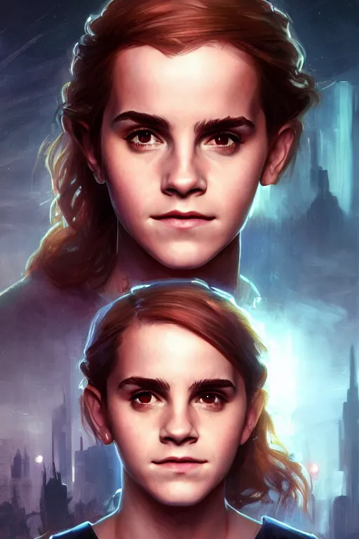 Image similar to portrait of cyborg Emma Watson as Hermione Granger in cyberpunk, neon lighting, night city, digital art from artstation by Ruan Jia and Mandy Jurgens and Artgerm and william-adolphe bouguereau and Greg Rutkowski and Wayne Barlowe