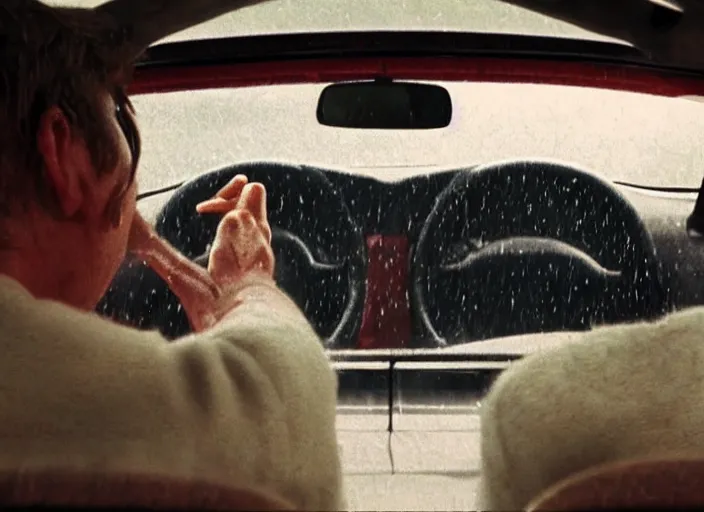 Image similar to A very high resolution image from a new movie, inside of a car, raining, hot, directed by wes anderson