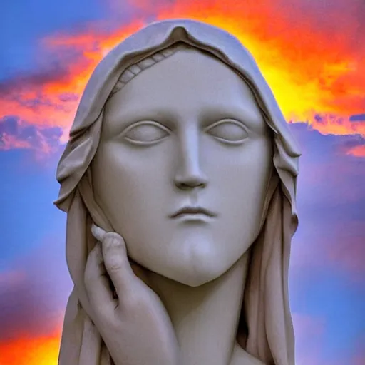 Image similar to digital photo of pieta face closeup as sunset cloud by