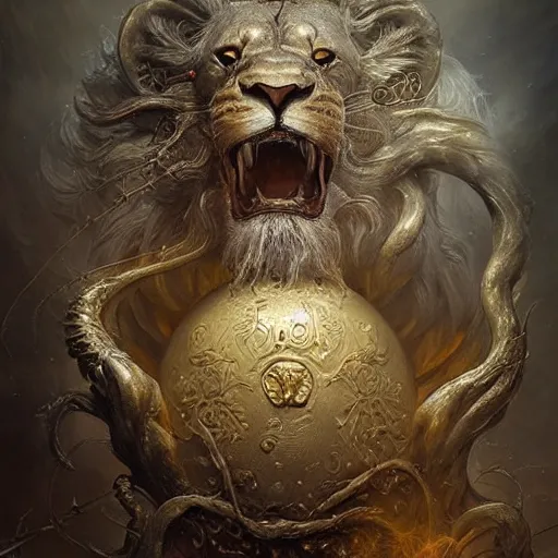 Image similar to a beautiful detailed 3 d matte of a alchemist lion, by ellen jewett, by tomasz alen kopera, ominous, magical realism, texture, intricate, skull, skeleton, gold coins, money, whirling smoke, alchemist bottles, radiant colors, fantasy, volumetric lighting, high details