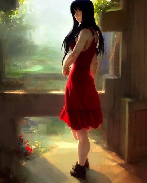 Image similar to tifa lockhart in a red cottagecore dress, portrait, illustration, rim light, top light, overcast cloudy weather, perfectly shaded, soft painting, art by krenz cushart, william turner and wenjun lin
