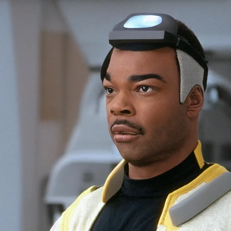 Image similar to geordi laforge wearing visor and high tech ear muffs on his head and kinda looks like lobot