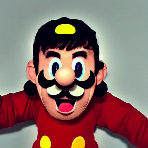 Image similar to photo of a dark haired man with long face, dark brown eyes and eyelashes, moustache, long nose, stubble wearing mario outfit