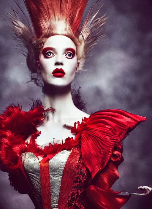 Image similar to a photorealistic dramatic hyperrealistic editorial fashion render of the glamorous red queen from alice in wonderland by alexander mcqueen and lindsay adler, beautiful dynamic dramatic dark moody lighting, shadows, cinematic atmosphere, 8 k