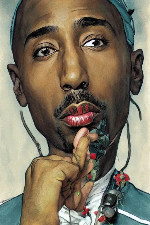 Image similar to Tupac, illustrated in whimsical style, Illustration by Norman Rockwell, loish, oil painting,