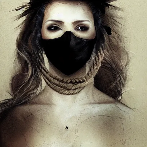 Image similar to portrait of a Shibari rope wrapped face and neck, headshot, insanely nice professional hair style, dramatic hair color, digital painting, of a old 18th century, tourist, wrap around eye patch, amber jewels, baroque, ornate clothing, scifi, realistic, hyper detailed, child, chiaroscuro, concept art, art by Franz Hals and Jon Foster and Ayami Kojima and Amano and Karol Bak,