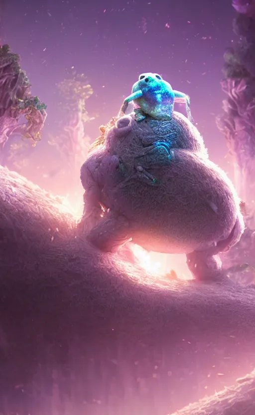 Prompt: microscopic tardigrade, microbiology, magical forest, ruins, civilization, futuristic, sharp focus, electric, backlight, furry, soft, concept art, intricate details, highly detailed, photorealistic, disney pixar, octane render, iridescent, global illumination, anime, 8 k