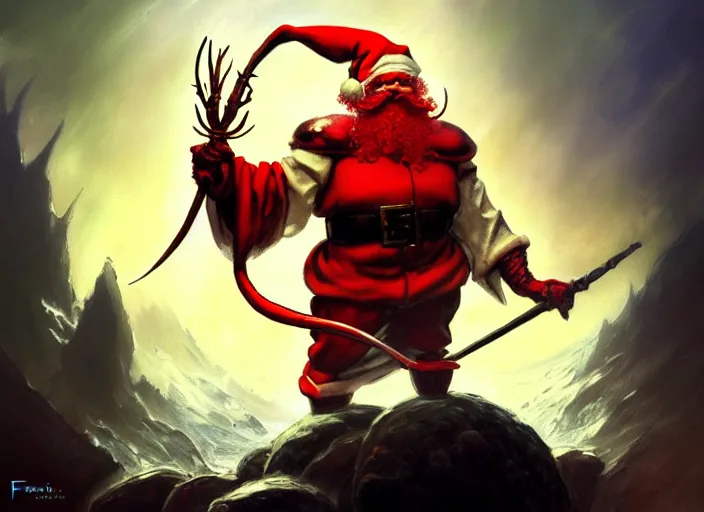 Image similar to magic : the gathering fantasy character concept art of the great anthropomorphic lobster santa by franz frazetta, high resolution. a clear portrait of powerful lobster santa, magical christmas fractals in background, fantasy coloring, intricate, digital painting, artstation, smooth, sharp focus