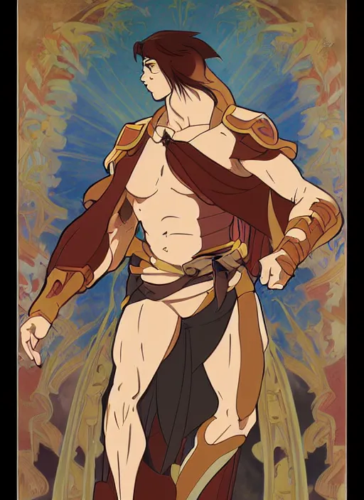 Image similar to official digital painting artwork of a male warrior character by don bluth, ross tran and studio ghibli + alphonse mucha.