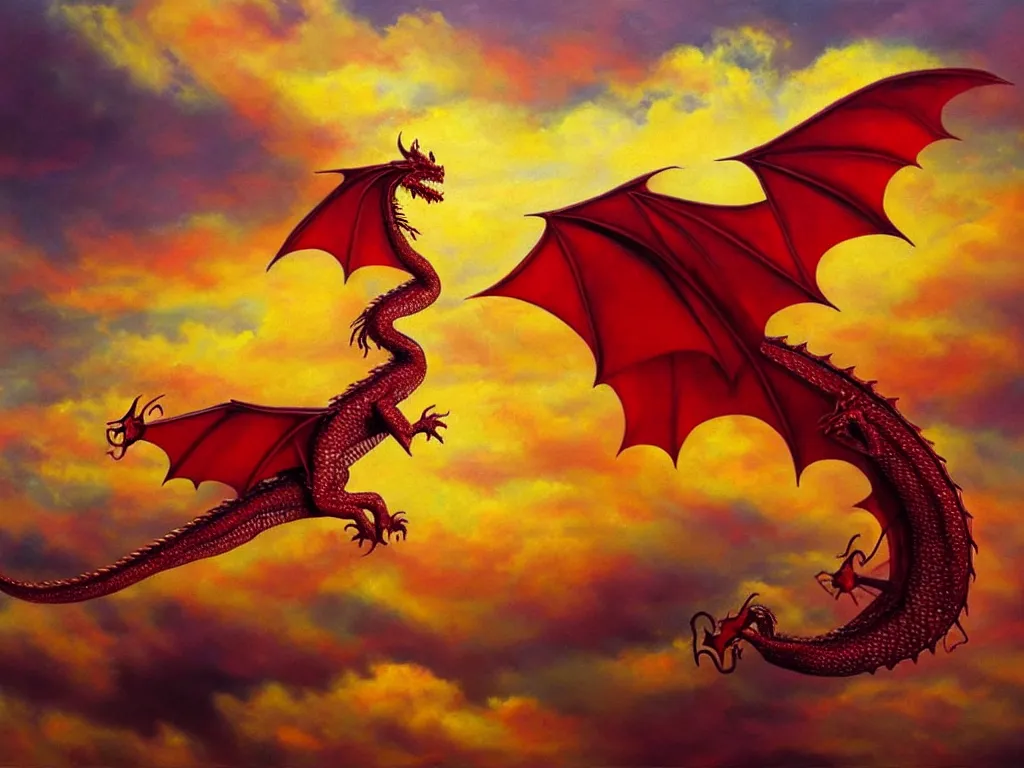 Prompt: A dragon made of rubies and gold flying in sunset clouds, realistic oil painting