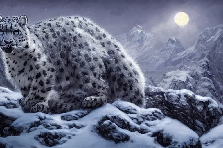 Image similar to Snow leopard on a beautiful fantasy landscape, mountainside, winter, moonlit, HD, illustration, epic, D&D, fantasy, intricate, elegant, highly detailed, digital painting, artstation, concept art, smooth, sharp focus, illustration, wallpaper, art by artgerm and greg rutkowski and alphonse mucha and jin xiaodi