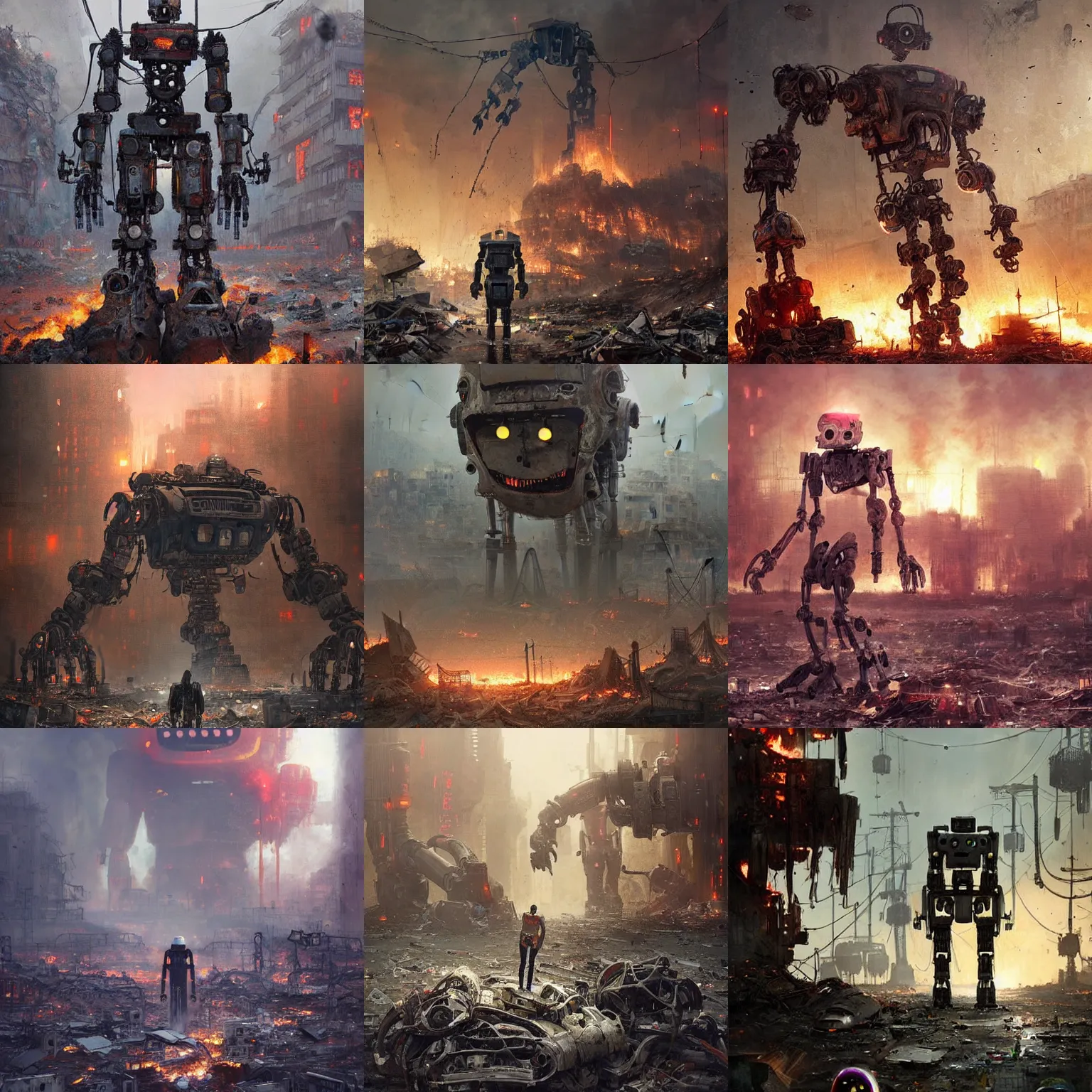 Prompt: a big robot made of rubbish and human remains with a creepy happy face, lost look, destroyed city on fire, broken wires, depth of field, robotic limbs on floor, by Greg Rutkowski