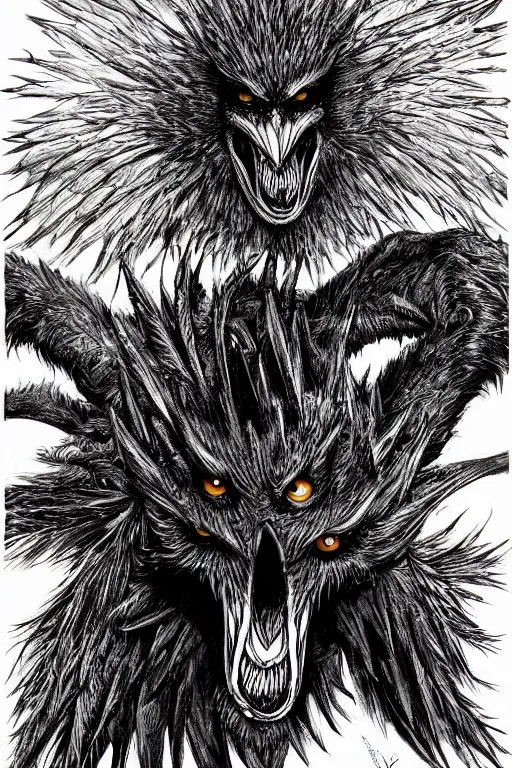 Prompt: crow monster, fangs, highly detailed, digital art, sharp focus, trending on art station, kentaro miura manga art style