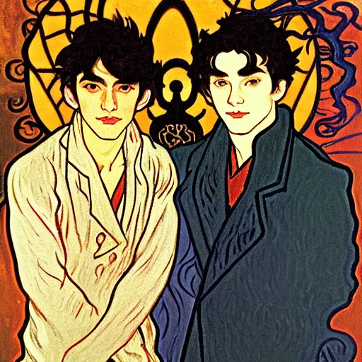 Image similar to painting of young cute handsome beautiful dark medium wavy hair man in his 2 0 s named shadow taehyung and cute handsome beautiful min - jun together at the halloween party, bubbling cauldron, candles, smoke, tarot, autumn colors, elegant, stylized, soft facial features, delicate facial features, art by alphonse mucha, vincent van gogh, egon schiele