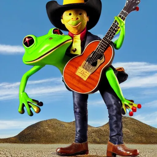 Prompt: an frog wearing cowboy outfit and holding an mini guitar in a desert