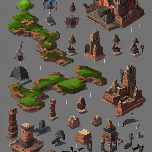 Prompt: Nine separated HD, 8k, antialized, props contaning trees, houses, box, treasures, bricks, castle, swords, and magic weapons from a game asset concept by Jen Zee, Rossdraws, James Jean, Andrei Riabovitchev, 2d side scrolling game , and Sakimichan, trending on artstation , assets