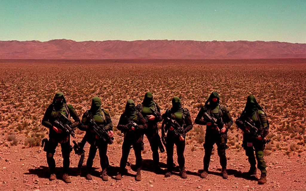 Image similar to a team of five people in dark green tactical gear like death stranding and masks, red mesas behind them, look at a desert oasis in the distance. They 're afraid. dusty, red, mid day, heat shimmering, 35mm film