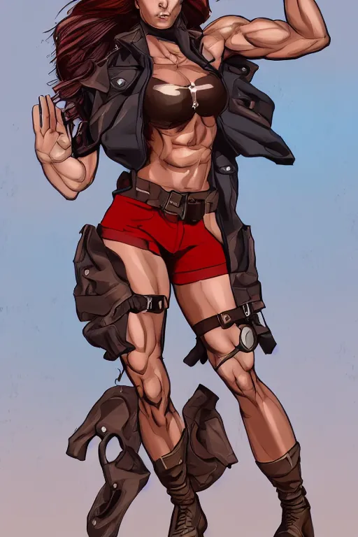 Image similar to a hyper muscular woman, bronze skinned, blue eyes, wearing a black cropped tank top, military pants, brown boots, wavy big red hair, 8 0's hairstyle, red lips, action pose, art by bluethebone, trending on artstation, illustration, action scene, full body