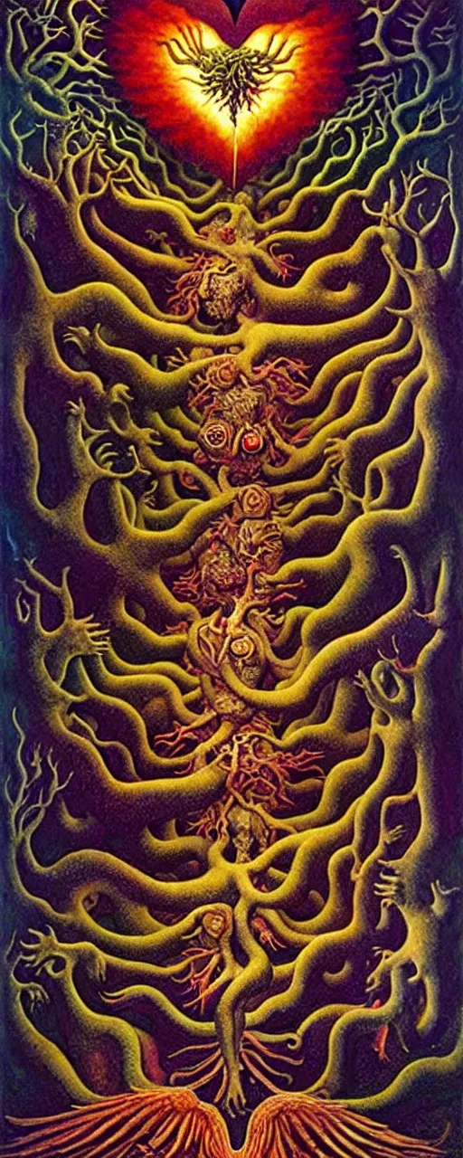 Image similar to mythical creatures and monsters in the visceral anatomical human heart imaginal realm of the collective unconscious, in a dark surreal mixed media oil painting by johfra, mc escher, dramatic lighting from inner fire