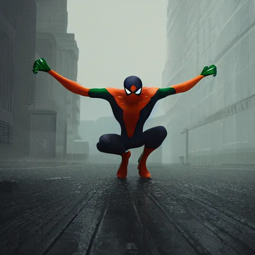 Image similar to moody atmospheric render of an orange and green spiderman by wlop made with unreal engine