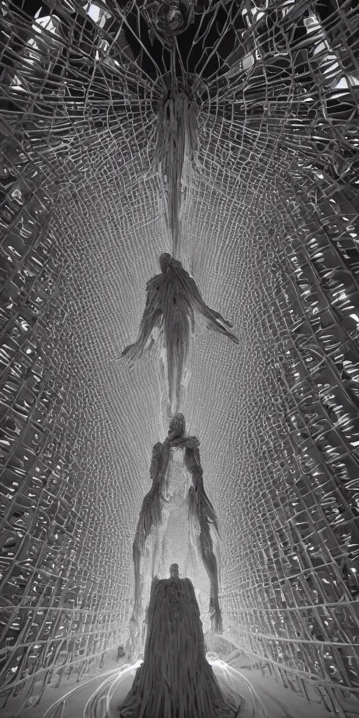 Prompt: inside the temple of the virus god cult. large crystalline statue of a t 7 bacteriophage dominates the scene. horrifying beauty. behold the great virus! award - winning photograph. beautifully elegant nightmare architecture. a shaft of light illuminates the virus idol. sharp focus. perfect composition. melancholic masterpiece