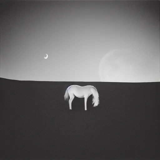 Image similar to photograph taken by a rolleiflex tlr, 1 2 0 mm, portrait, a unicorn, sunset, shot by ryan mcginley, moon in sky, night time