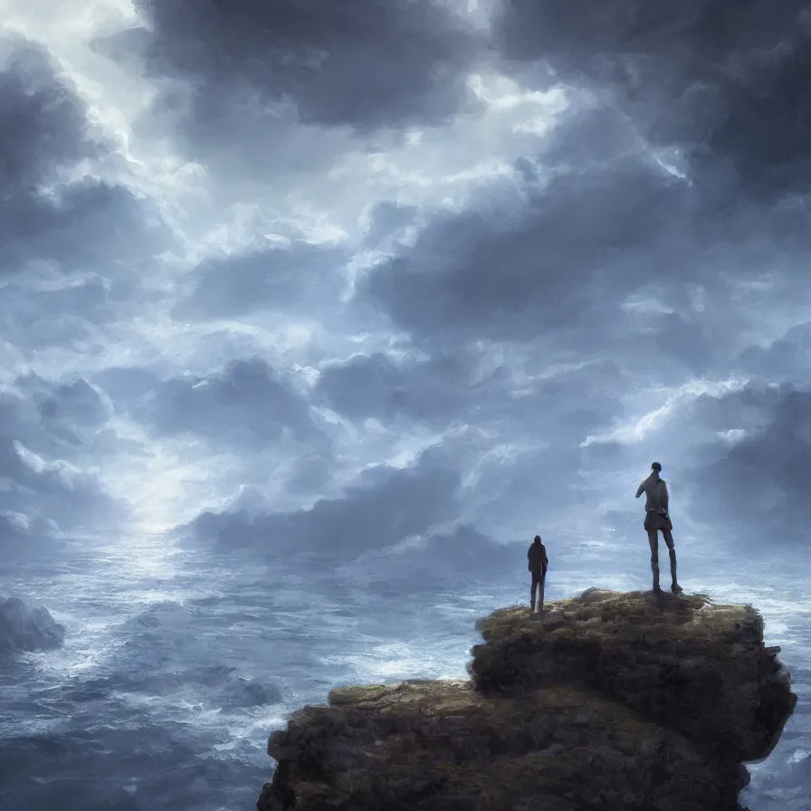 Prompt: Image from afar, man looking from the top of a large rock cliff, the sea hits the large stones hard, the clouds let through subtle rays of light, ilustration, concept art, sharp focus, ArtStation and deviantart