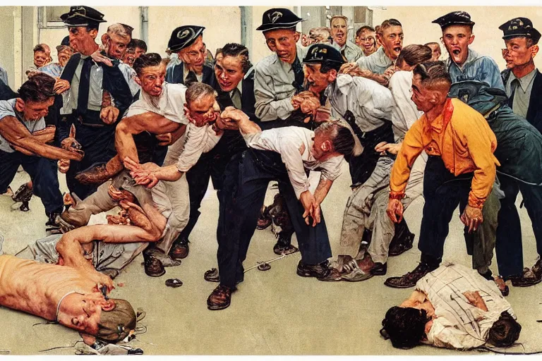 Image similar to a norman rockwell painting of a group of l - lgbt activists making a scene in front of a russian super - max prison