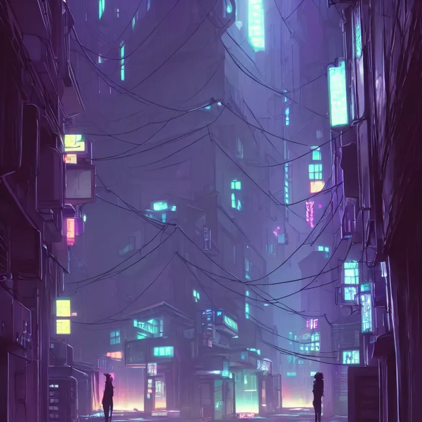 Image similar to city alleyway in the atmospheric cyberpunk anime film, gouache matte background painting, neon noir, at night with lights, by makoto shinkai, in the anime series ergo proxy, beautiful specular edge highlights and rim lighting