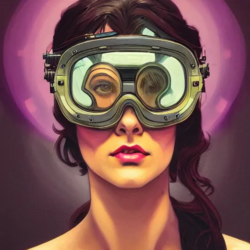 Image similar to a head and shoulders portrait of a dark haired woman, neon, retro, steampunk, goggles, smooth, sharp focus, intricate, artstation, detailed concept art by Rutkowski and Mucha and sky sewa and Marc Simonetti