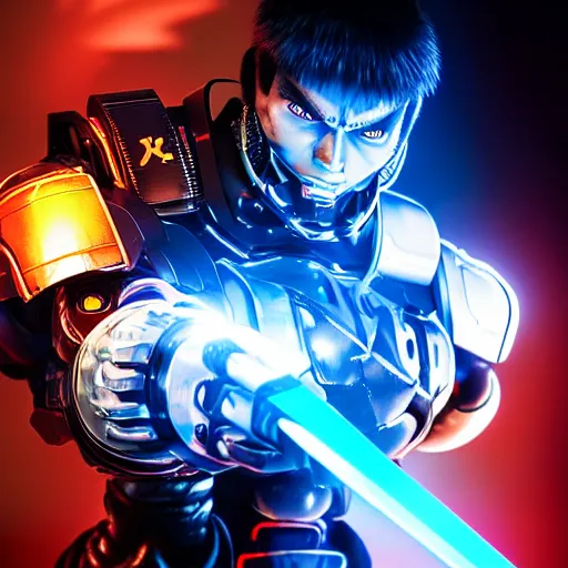 Image similar to portrait of streetfighter ryu as a cybernetic battle robot, visible face, super cool, katana, led, backlit, promotional material