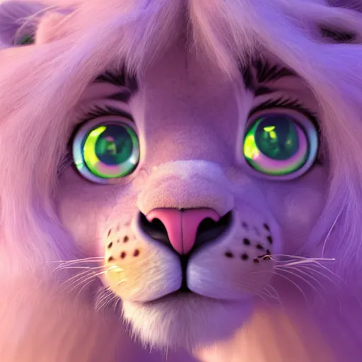 Image similar to a cute baby lion, big eyes, soft fur texture, pastel colours, colorful, glitter crystals, cute, pixar animation style, detailed, soft light, octane render, 4 kb - w 6 4 0