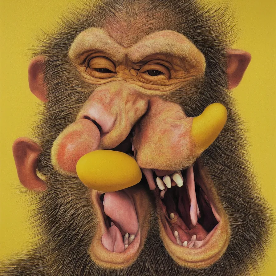 Image similar to hyper realistic portrait painting by chuck close, studio lighting, brightly lit yellow room, an ape with antlers laughing with a giant rabbit clown