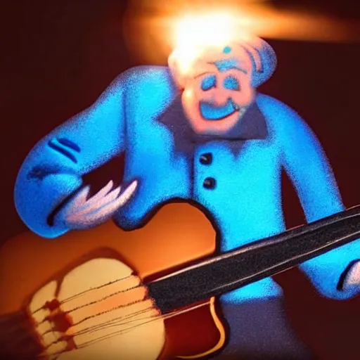 Image similar to Claymation art of a old man playing guitar, 100mm, candle lightning, industrial colours, extremely detailed