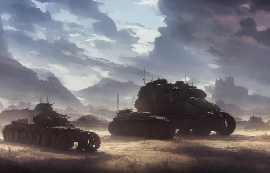 Image similar to concept art of a dusty field with ruined dieselpunk orcish tanks in the background, bomb craters, smoke, key visual, ambient lighting, highly detailed, digital painting, artstation, concept art, sharp focus, by makoto shinkai and akihiko yoshida and hidari and wlop