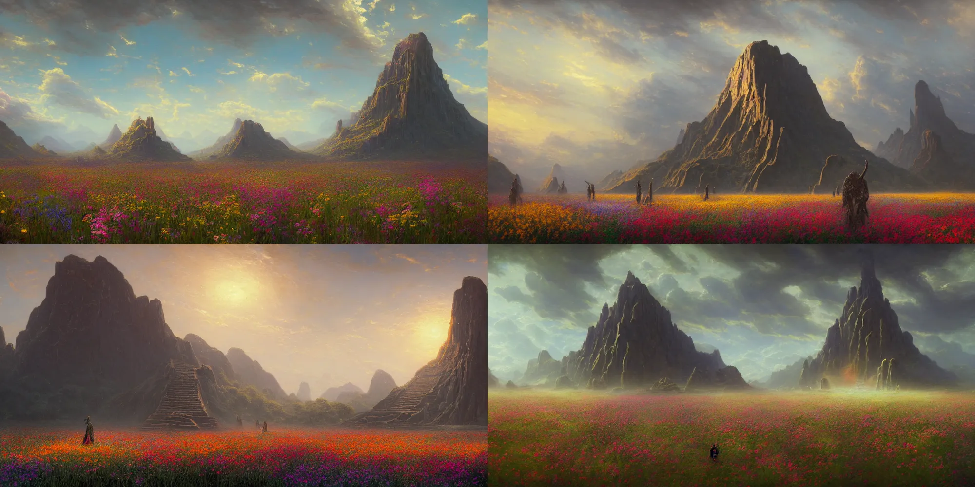 Prompt: a beautiful painting of a monolith of tlaloc in a flower field by greg rutkowski and thomas kinkade, trending on artstation, environment and concept art, wide shot, iridescent, flickering light, unreal engine