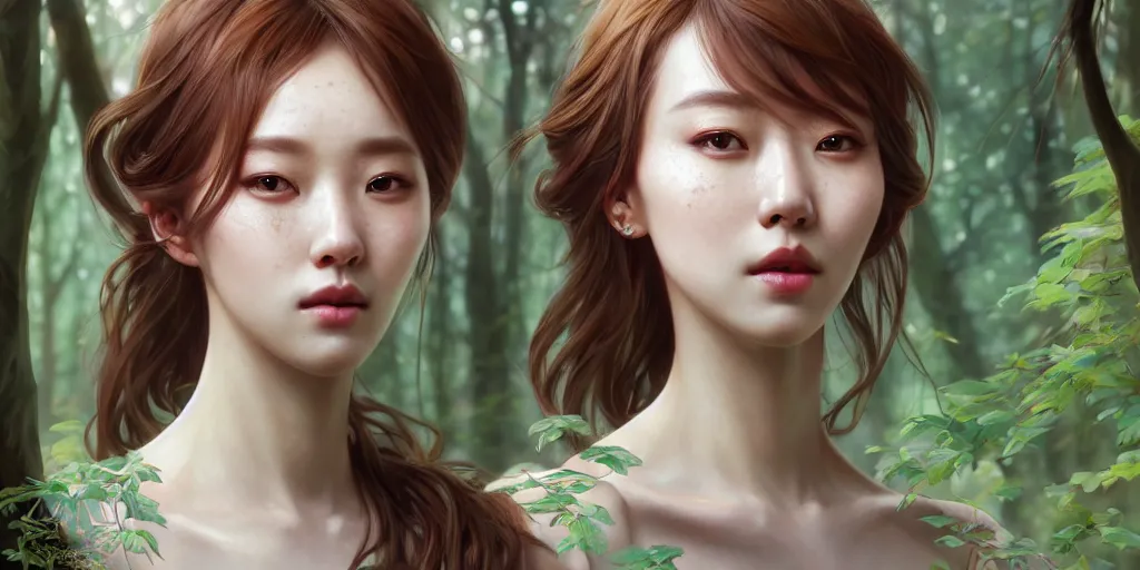 Image similar to beautiful digital painting of a hoyeon jung stylish female forest with high detail, real life skin, freckles, 8 k, stunning detail, works by artgerm, greg rutkowski and alphonse mucha, unreal engine 5, 4 k uhd