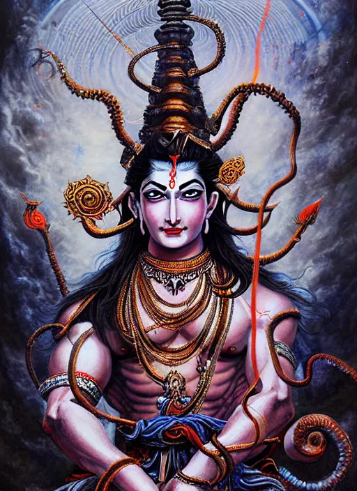 Image similar to god shiva the destroyer, 4!!! arms!!!! an ultrafine detailed painting by ayami kojima, cgsociety, fantasy, anime digital art, lovecraftian, cosmic horror, detailed painting