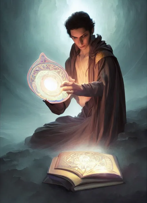 Image similar to character concept portrait of an attractive young Spanish wizard conjuring a violent void spell, a floating iridescent spell book in the center, intricate, elegant, digital painting, concept art, smooth, sharp focus, illustration, from Metal Gear, by Ruan Jia and Mandy Jurgens and William-Adolphe Bouguereau, Artgerm