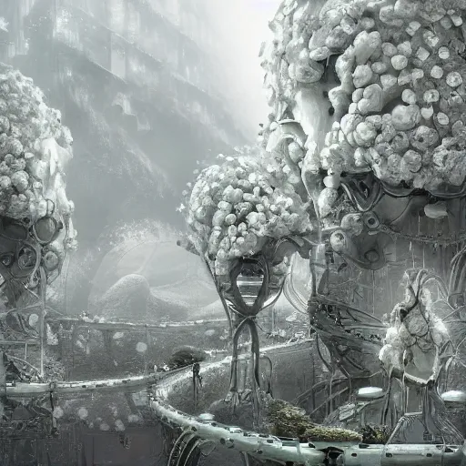 Image similar to intricate bio - mechanical white flowers intertwined with human bio - mechanical organs, intricate environment, matte painting, cinematic, epic composition, highly detailed, atmospheric, wide angle, artstation trending