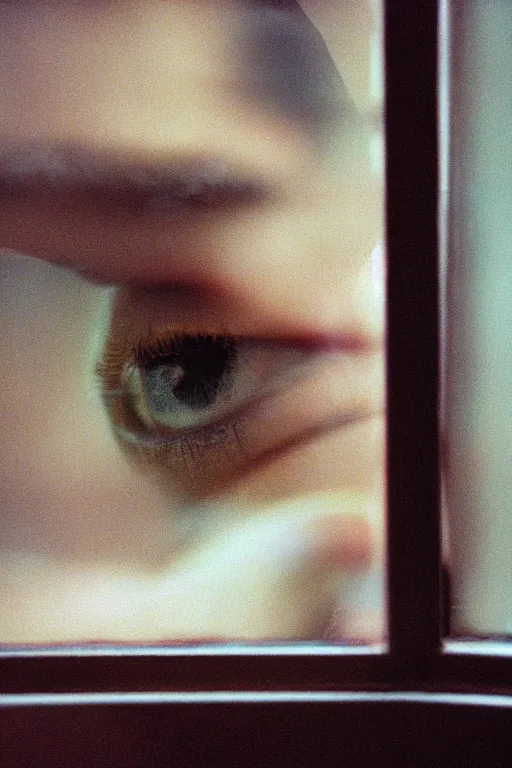 Image similar to kodak portra 4 0 0 photograph of a person looking out through their window, eyes, beautiful eyes, stunning eyes, close up, telephoto, faded effect, grain,