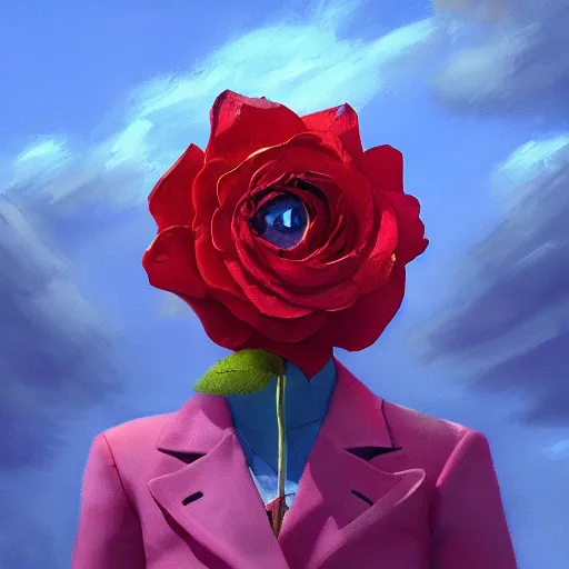 Prompt: closeup, giant rose flower as a head, frontal, a girl in a suit, surreal photography, sunrise, blue sky, dramatic light, impressionist painting, digital painting, artstation, simon stalenhag