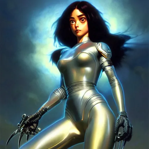 Image similar to battle angel Alita, dark fantasy, medium shot, intricate, elegant, highly detailed, digital painting, volumetric light, artstation, concept art, smooth, sharp focus, illustration, art by Gil Elvgren and Greg Rutkowski and Alphonse Mucha