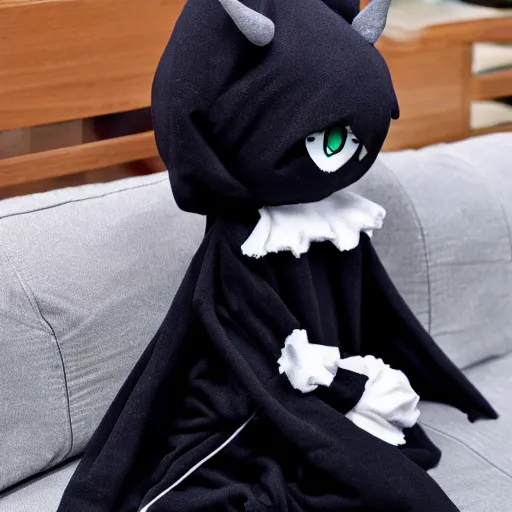 Image similar to cute fumo plush of a dark demon girl in a black hoodie