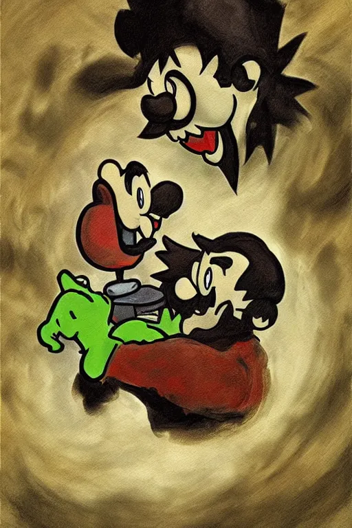 Image similar to mario devouring luigi in the style of saturn devouring his son by goya, digital art, canvas, goya, extremely detailed, clear facial features, grotesque