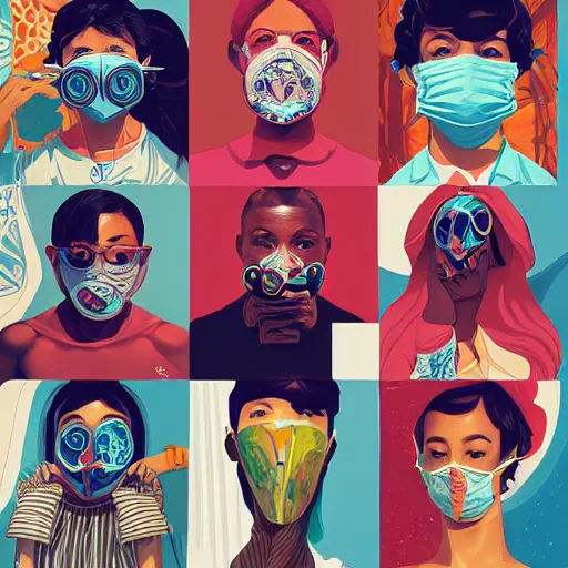 Image similar to portrait of people with sanitary mask, Tristan Eaton, artgerm, Victo Ngai, RHADS, ross draws