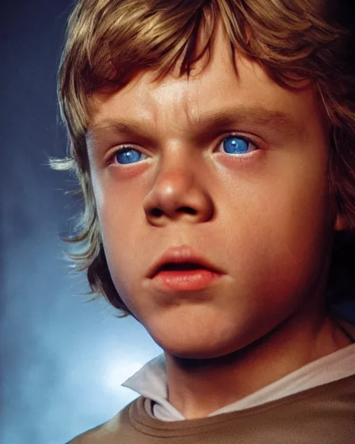 Image similar to very low angle high quality hyper realistic portrait of young mark hamill portraying young luke skywalker, dark dramatic lighting, portrait realistic and insanely detailed, great composition, 8 k