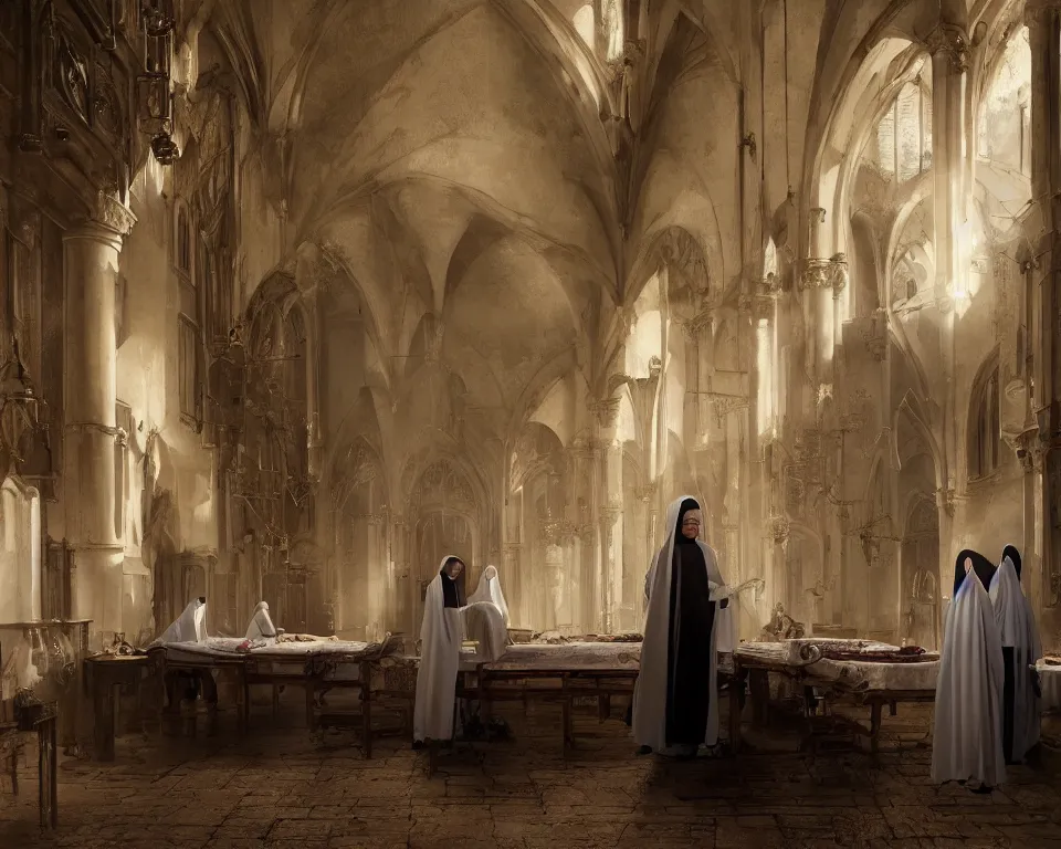 Prompt: a painting of a body on a table, with nuns in white veils, cinematic keyframe of a medieval hospice building in a gothic medieval town, by greg rutkowski, rule of thirds, golden ratio, ambient lighting, wlop, artgerm, artstation, highly detailed masterpiece, dark fantasy art, intricate details, elegant, ultra realistic