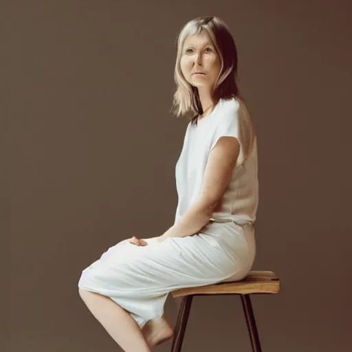 Image similar to a woman sitting on top of a wooden stool, a polaroid photo by louisa puller, trending on pinterest, minimalism, white background, studio portrait, minimalist