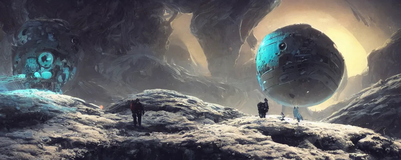 Image similar to lone explorer outer planet covered with ice, art by paul lehr, cinematic, detailed, epic, widescreen, opening, establishing, matte painting, photorealistic, realistic textures, octane render